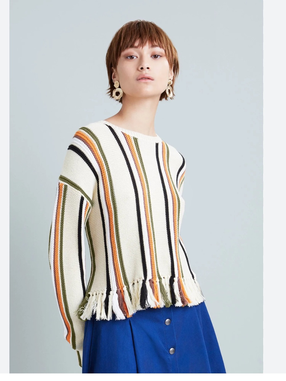 WHISTLES Striped Knit Tassel Sweater Medium Cotton Boho Retro 70s Casual Unique